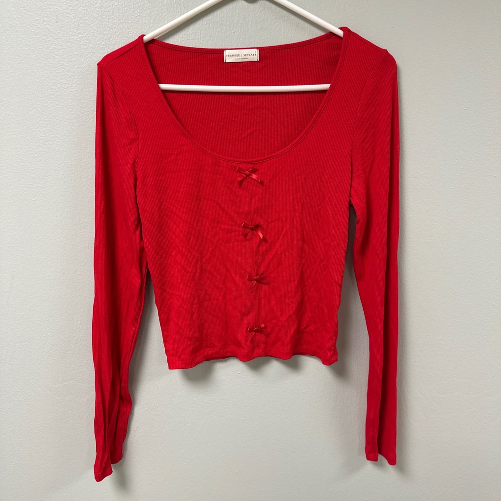 Frankee & Skylarr Red Ribbed Long‎ Sleeve Bow Front Crop Top Large